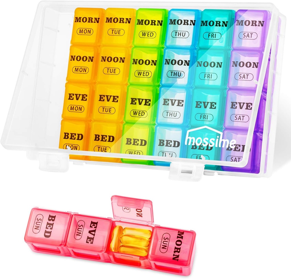 XL Large Weekly Pill Organizer 4 fois par jour, boîte à pilules 7 jours AM PM, grand compartiments cas de pilule, organisateur mensuel de médicaments 28 jours distributeur d'huiles de poisson, supplément de support de vitamine