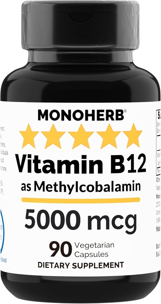 MONOHERB Vitamine B12 méthylcobalamine 5000 mcg - 90 Capsules végétariennes - B12 méthyl
