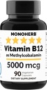 MONOHERB Vitamin B12 Methylcobalamin 5000 mcg - 90 Vegetarian Capsules - B12 Methyl