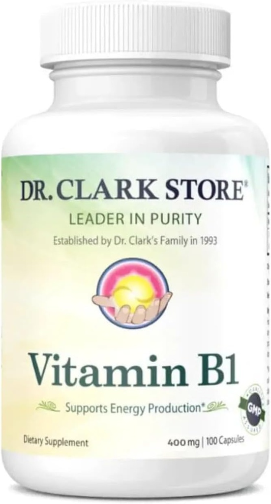Dr Clark Vitamine B1 Thiamine 400mg Supplément -Thiamine B1 Supplément pour système nerveux sain et métabolisme de l'énergie, sans gluten, sans lait - 100 Capsules de gélatine