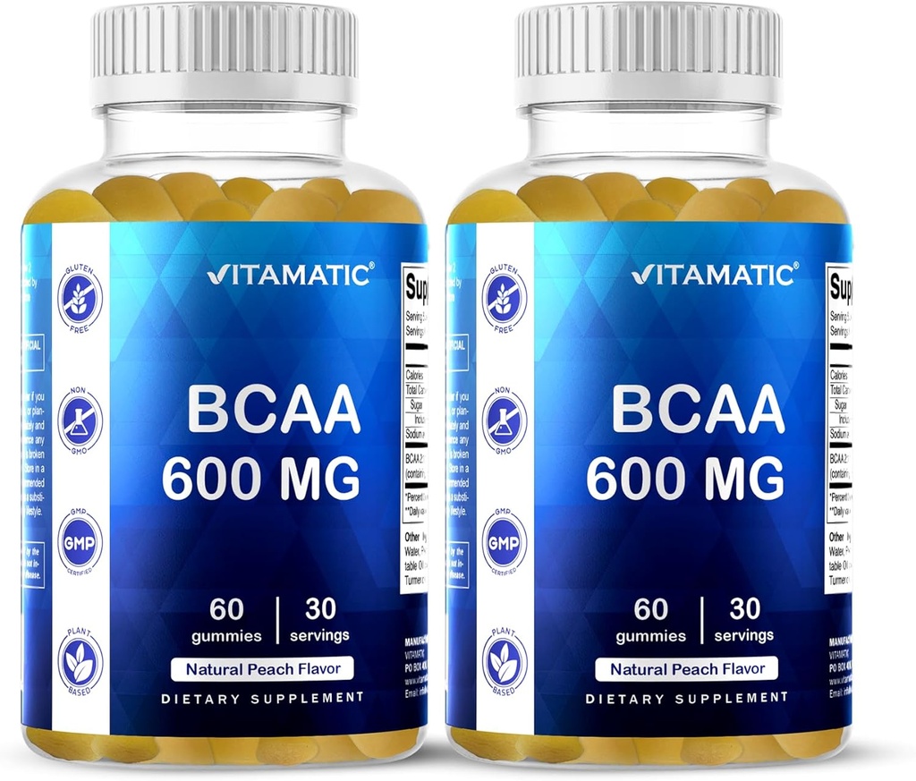 Gommies Vitamatic BCAA - Suppléments acides aminos de la chaîne de branches - Saveur de pêche - 600mg par portion - 60 Gommies à base de pectines véganes (2 bouteilles)