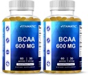 Gommies Vitamatic BCAA - Suppléments acides aminos de la chaîne de branches - Saveur de pêche - 600mg par portion - 60 Gommies à base de pectines véganes (2 bouteilles)
