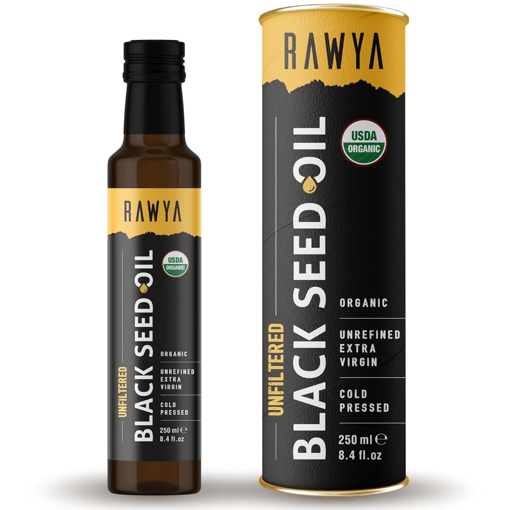 RAWYA Huile de graines noires - Non filtré - Plein spectre - 8,4 fl oz -Organic Cold-Pressed, Nigella Sativa - USDA Organic - Supplément naturel - Huile de graines de cumin noir - Forte saveur et forte concentration -Bouteille de verre