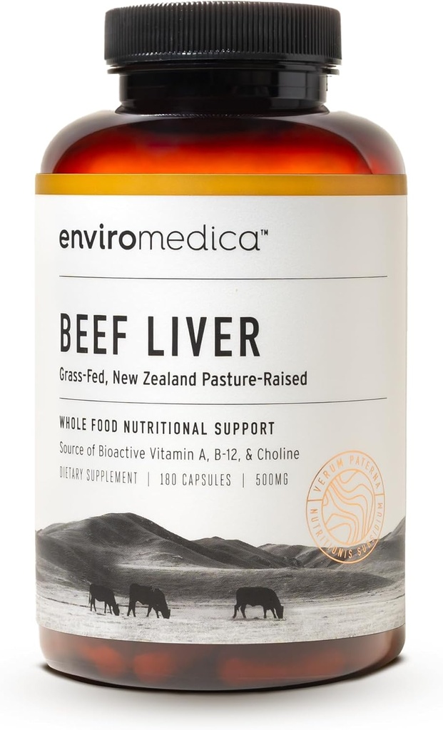 Enviromedica Grass Capsules de foie de boeuf gras - Supplément de foie séché surgelé pour les hommes et les femmes avec de la vitamine A préformée, de la viande de boeuf bovine de Nouvelle-Zélande,180 pilules