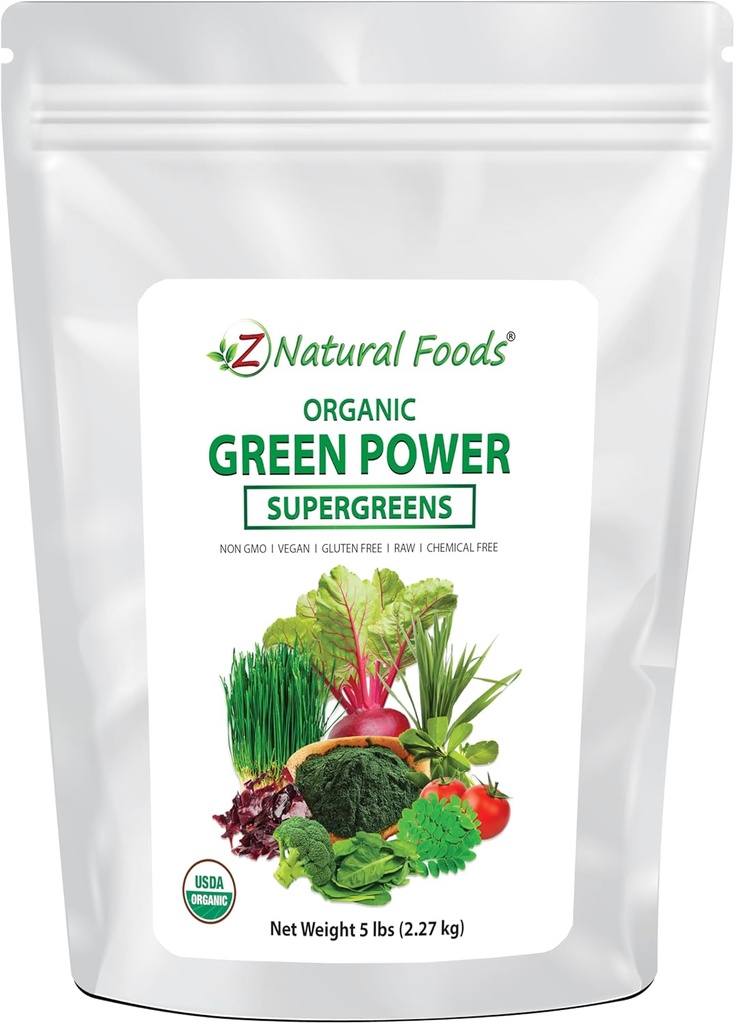 Z Natural Foods Organic Greens Superfood Powder - Barley Grass, Wheatgrass, Spirulina, Spinach, Broccoli, Alfalfa Leaf, Beet Root, Tomato, Dulse & Moringa - Raw Vegan Gluten Free - 5lbs