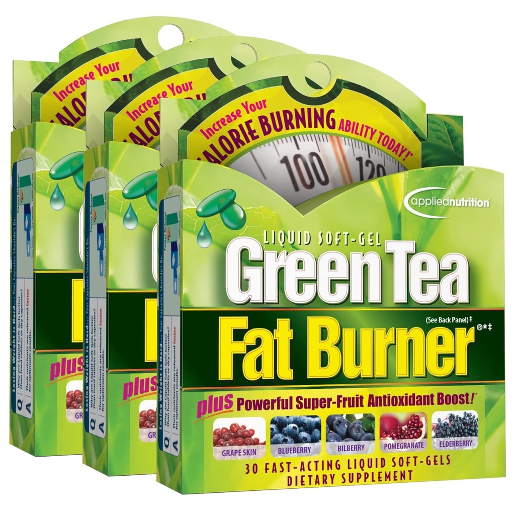 Applied Nutrition Green Tea Fat Burner - 30 liquides Soft-Gels, pack de 3 - Augmente la combustion de calories et des fournitures puissants antioxydants - 45 portions totales