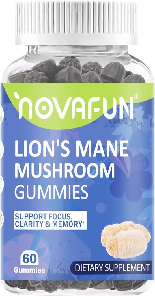 Gummies de champignons de la Mane de Lion – 1000mg pour le focus & soutien cognitif, végétalien et sans gluten, mélange de fleur de baie, 60 comte