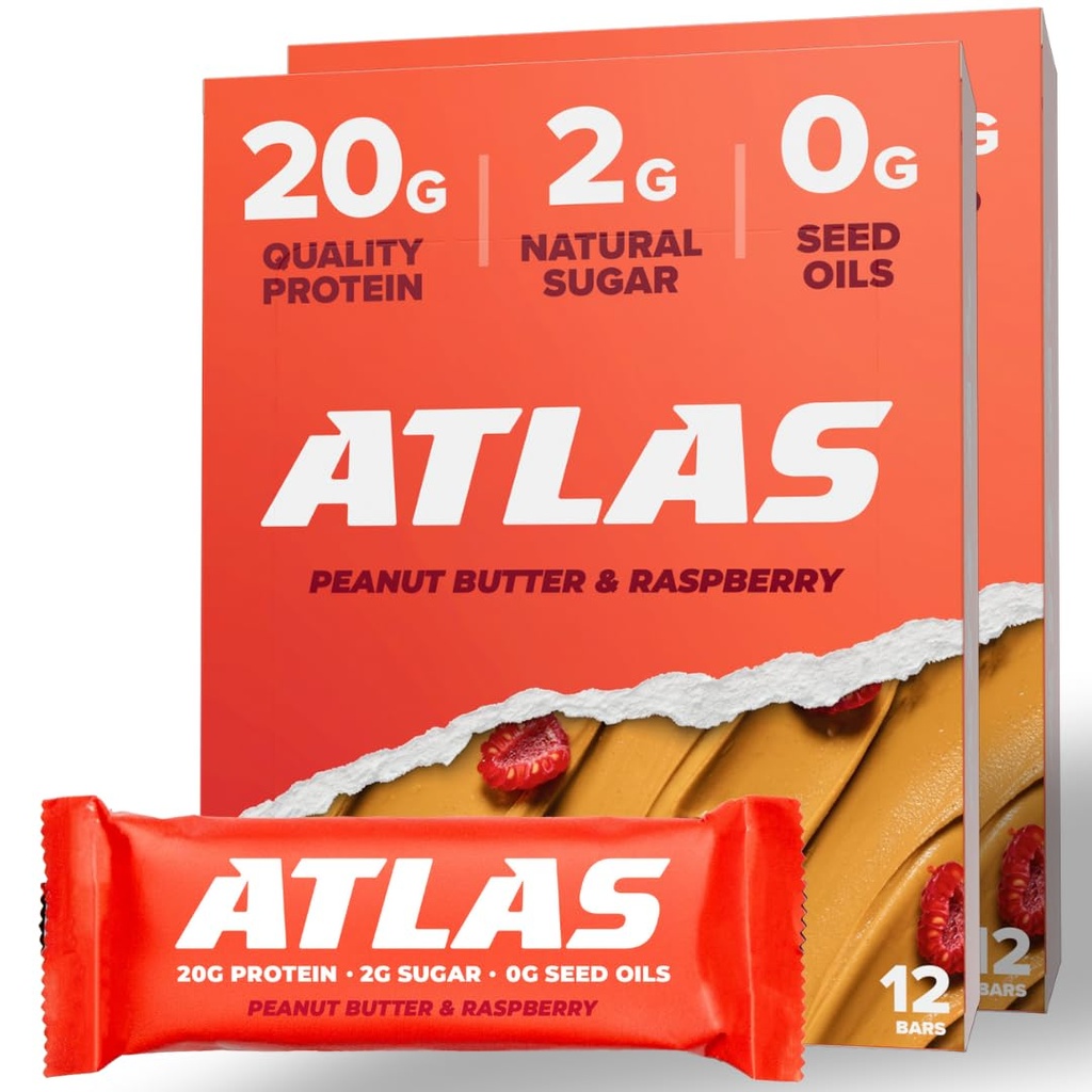 Atlas Protein Bar, 20g de protéines, 1g de sucre, ingrédients propres, sans gluten (framboise au beurre de peanut, 12 nombre (paquet de 2))