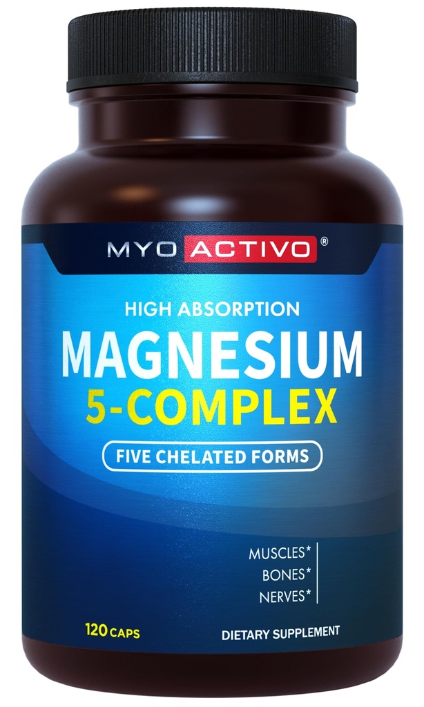5-en-1 Complexe de magnésium - Haute absorption - Magnésium chélaté Glycinate, Malate, Citrate, Taurate, & Aspartate pour Nerves, Muscles, Bones