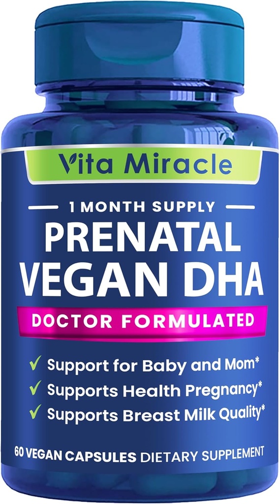 Suppléments DHA prénatals - Vegan 800mg DHA DPA Omega 3 basé sur la plante - Meilleur pour la santé optimale de la mère et du bébé - soutient le développement du cerveau et des yeux bébé Prénatal pour les femmes Pas d'huile de poisson