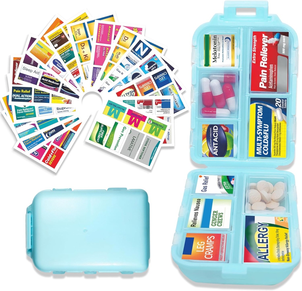 Pill Organisateur avec étiquettes de médicaments 146 Étiquettes Voyage quotidien Pill Container Mini Organisateur de médicaments Entreposage Pill Organizer Travel Essentials Pill Case 7 Day (Blue, 1 Pack(Grand))