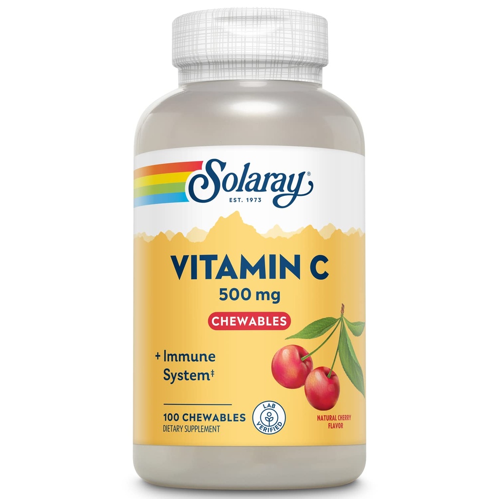 SOLARAY Vitamine à croquer C 500 mg, Saveur de cerise naturelle avec des édulcorants naturels, complément de soutien antioxydant et immunitaire avec base alimentaire complète, garantie de 60 jours, 100 portions, 100 portions