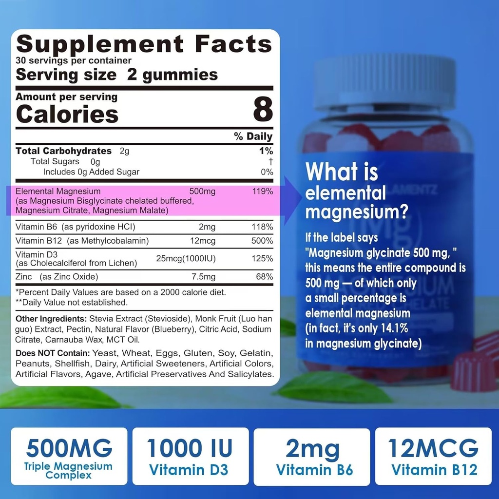 Supplément de magnésium 500mg, Gommies complexes de magnésium avec/Glycinat de magnésium, Malate, Citrate, D3, B6, B12 pour le sommeil, le soulagement de la migraine, le muscle et l'os, Supplément de magnésium d'absorption ultime, 2 packs
