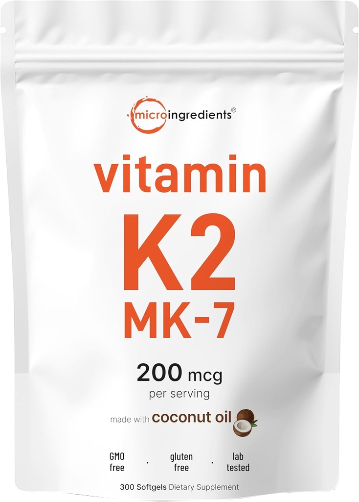 Micro-ingrédients Vitamine K2 MK-7 Supplément, 200 mcg par portion, 300 Moustiquaires d'huile de coco facilement absorbés, forme de ménaquinone active