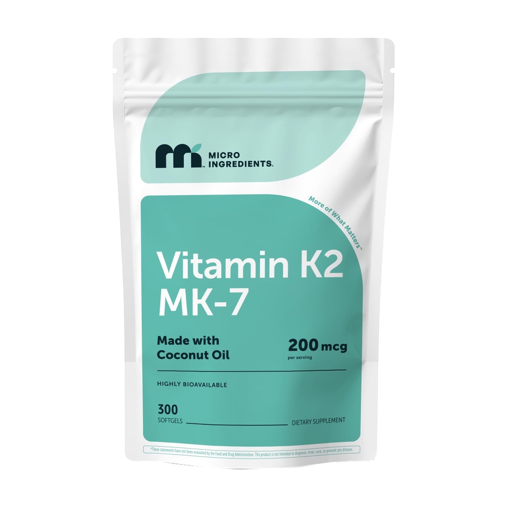 Micro-ingrédients Vitamine K2 MK-7 Supplément, 200 mcg par portion, 300 Moustiquaires d'huile de coco facilement absorbés, forme de ménaquinone active