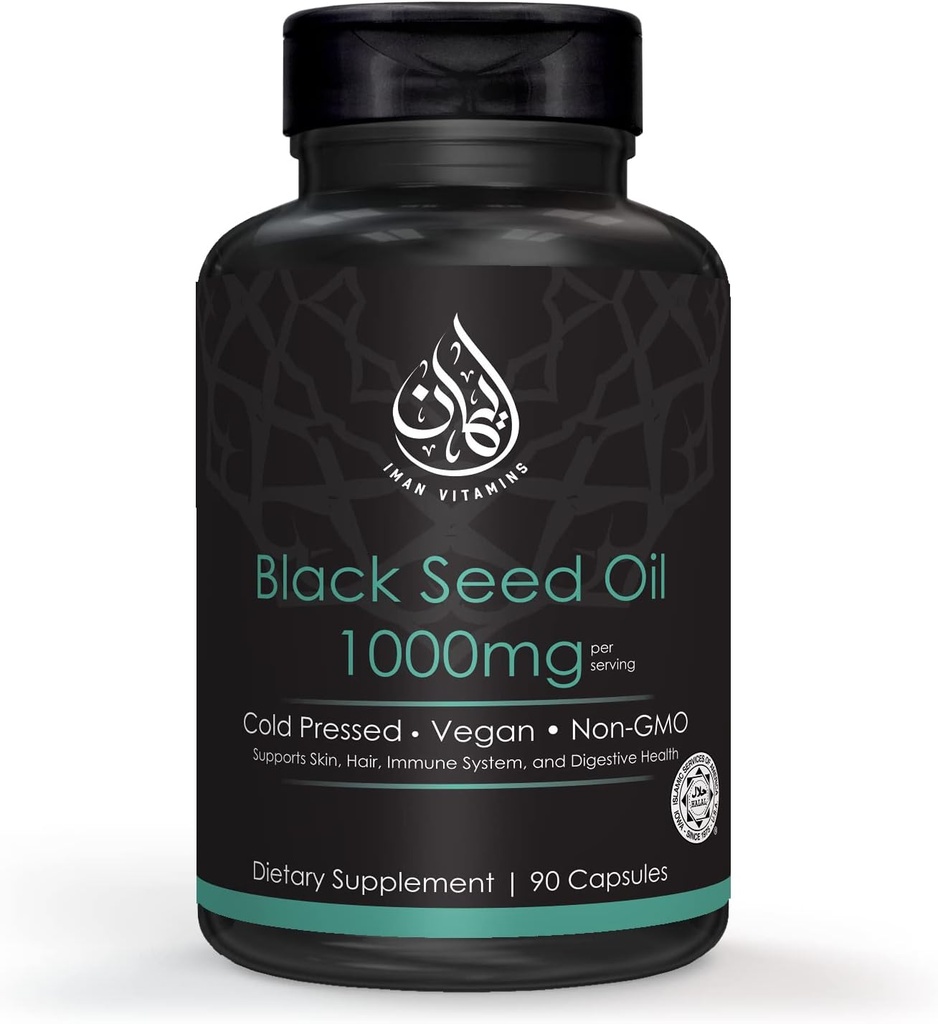 Halal Capsules naturelles d'huile de graines noires 1000mg pressées à froid, véganes, capsules de nigella sativa non-OGM, pilules sans gluten