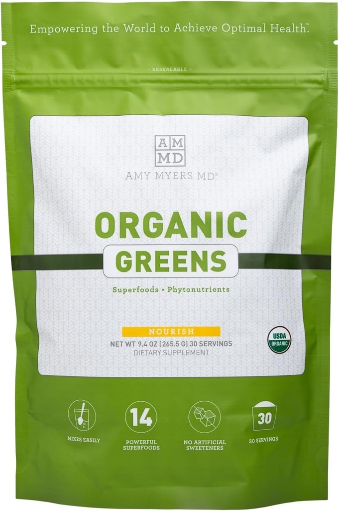 Amy Myers MD Greens Poudre - Soutient l'énergie et la santé des gourdes - USDA Mélange de superaliments biologiques avec Spiruline, Chlorella, Orge - 270g (30 portions)