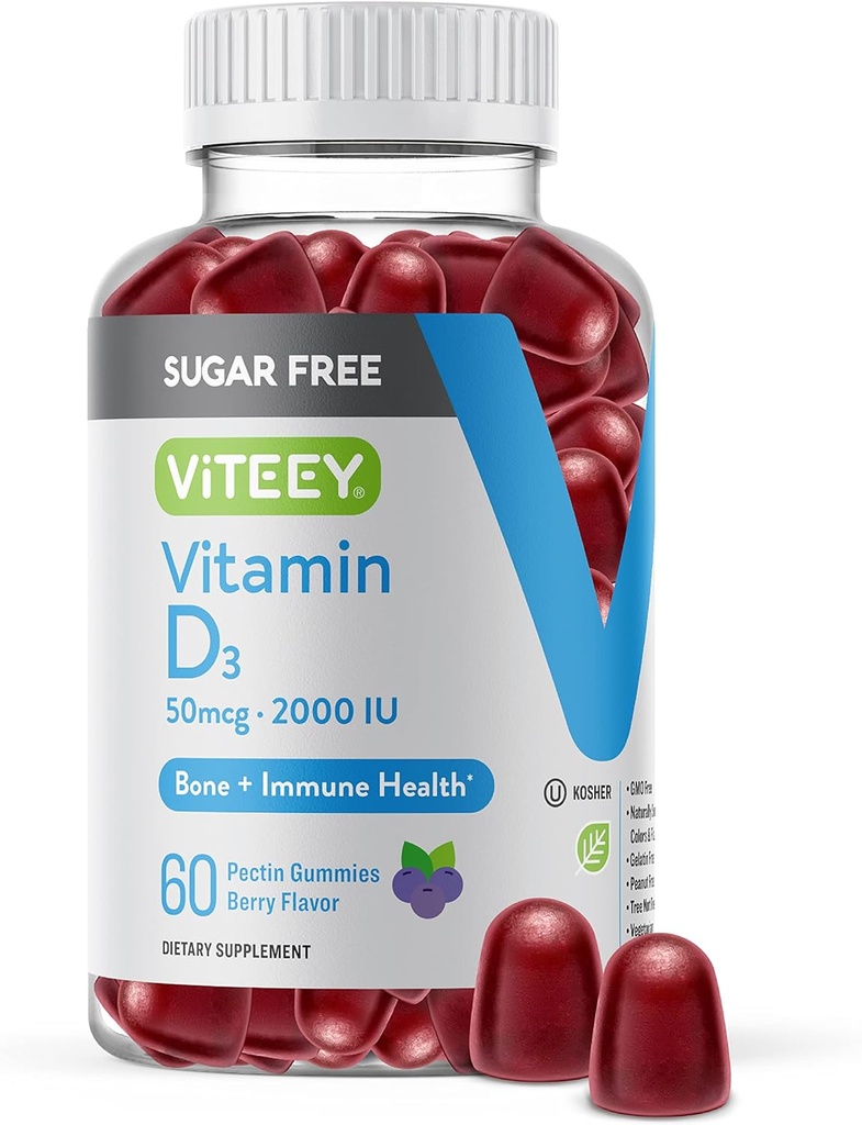 Viteey Vitamine D3 Gommies pour adultes et adolescents - 2,000 UI, 50mcg - Sans sucre, os, articulaire et de santé musculaire, Immune Boost - Végétarien, Sans gélatine, Sans OGM - Gommy aromatisé aux fruits de baies croustillantes