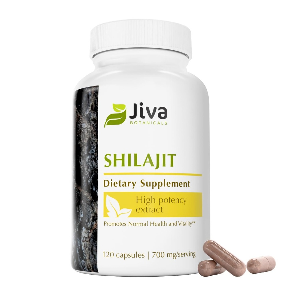 Jiva Botanicals Premium Shilajit Supplément 700 mg - Extrait de capsules Shilajit avec des minéraux, acide fulvic/humique pour le soutien immunitaire et la santé digestive nomale - 120 Capsule Vegan (paquet de 1)