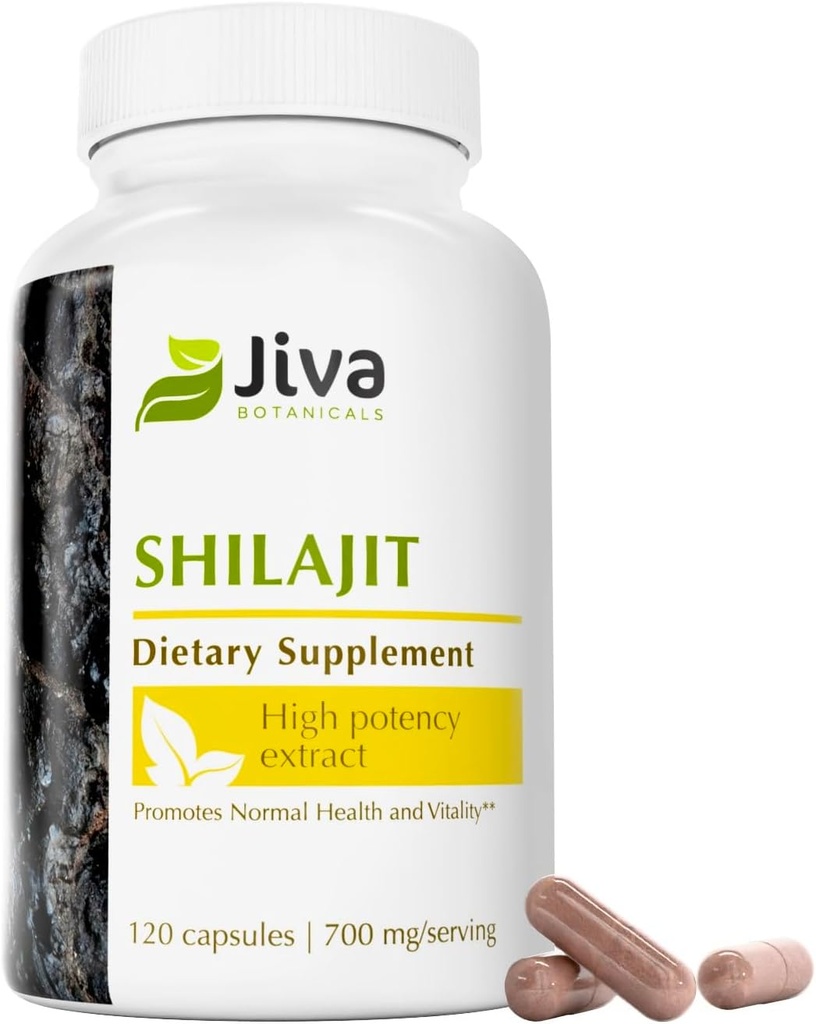 Jiva Botanicals Premium Shilajit Supplément 700 mg - Extrait de capsules Shilajit avec des minéraux, acide fulvic/humique pour le soutien immunitaire et la santé digestive nomale - 120 Capsule Vegan (paquet de 1)