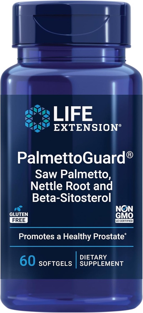 Life Extension PalmettoGuard® Saw Palmetto, Nettle Root et Beta-Sitostérol, soutient la fonction de la prostate saine et le métabolisme de l'hormone, 160 mg de Saw Palmetto pour les hommes, sans gluten, sans OGM, 60 softgels