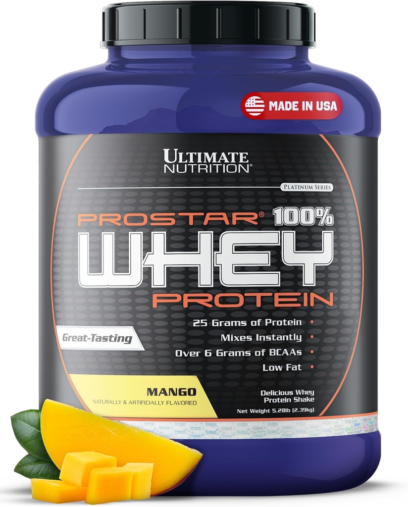 Ultimate Nutrition Prostar Whey Protéine Poudre Isolée, Mango - Faible Carbure, Poudre à haute teneur en protéines Shake pour le gain musculaire et la récupération - Faible Sodium, Faible Fat et Keto Friendly - 5,28 lbs Tub