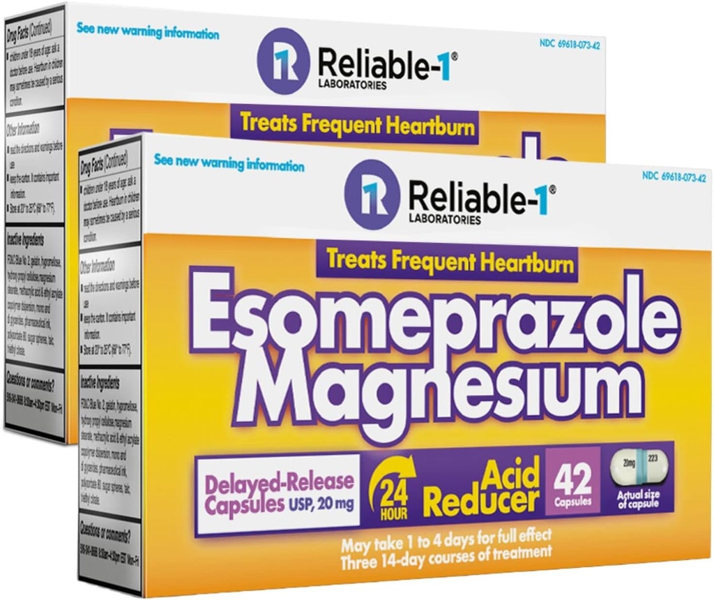 Fiable-1 Laboratoires Esomeprazole 2-Pack - Magnésium Release Reducer 20Mg Capsules pour le soulagement fréquent des brûlures d'estomac 84 Ct