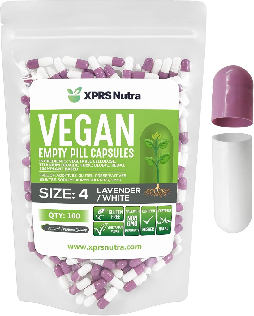 XPRS Nutra Taille 4 Capsules vides - 500 Compter les petites capsules végétales vides - Pilules végétariennes - Garniture de capsules végétales bricolées - Remplir Do-It-Youlf remplissable Caps de légumes pour suppléments (Lavande/Blanc)