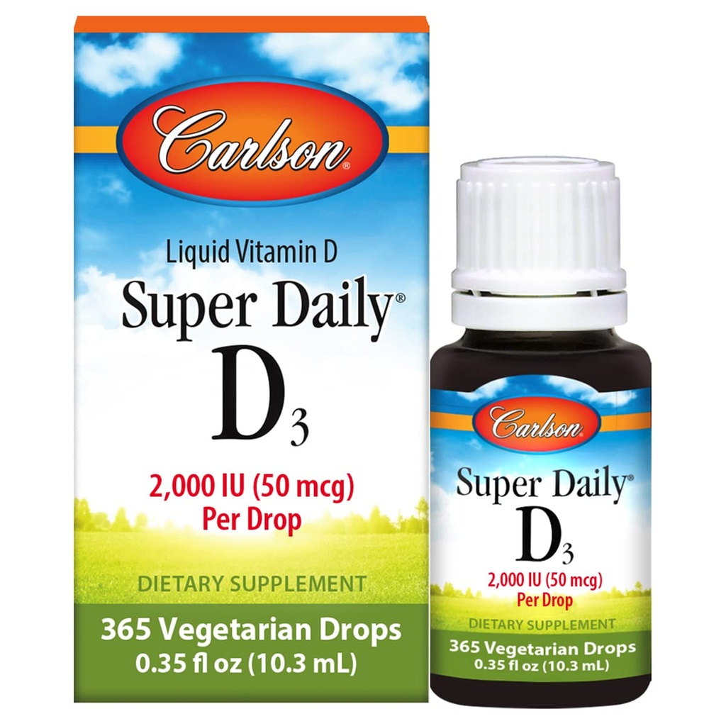 Carlson - Super Daily D3, gouttes de vitamine D, 2000 UI par goutte, 1 an d'approvisionnement, vitamine D3 liquide, coeur et immunitaire santé, végétarien, gouttes de vitamine D liquide, non aromatisé, 365 gouttes