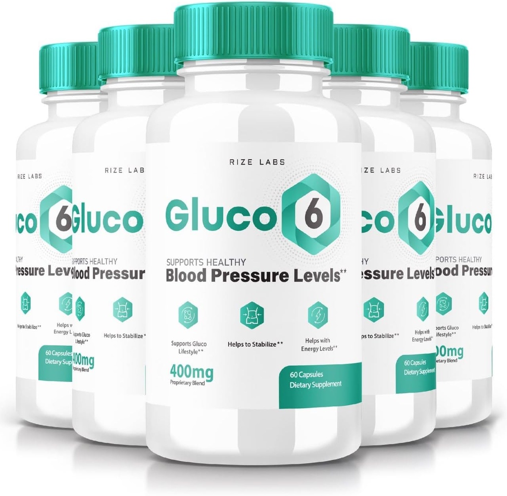 Rize Labs (paquet de 5) Gluco 6 capsules supplémentaires, 570mg pilules de pression artérielle, formule officielle avancée pour la santé optimale, Gluco tout naturel six pastilles (300 capsules)