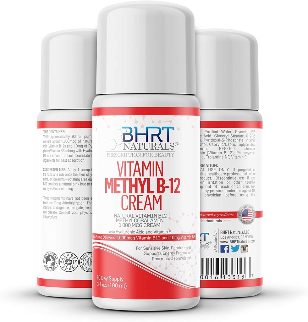Crème Vitamine B12 1000mcg - Pharmacienne Formulée - Toute la méthylcobalamine naturelle (méthyl B12) et la vitamine B6 Crème pour l'énergie, l'humeur et la santé cardiaque - Aide avec l'eczéma et le psoriasis - USA MADE