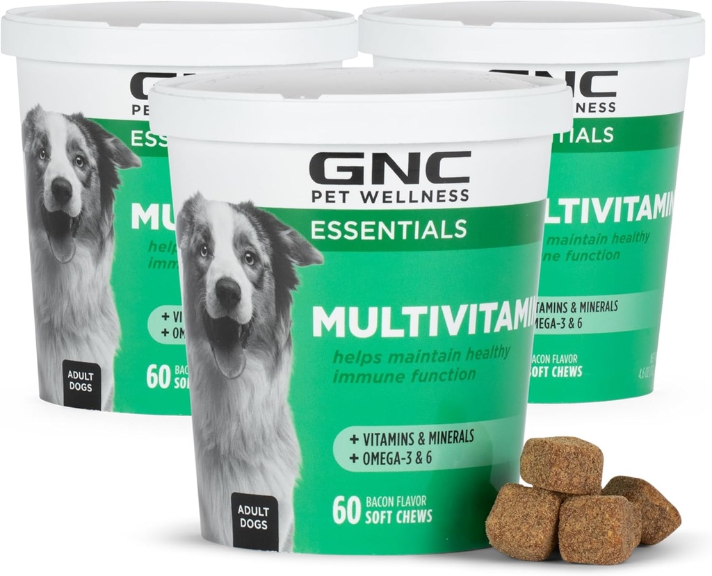 GNC Animaux essentiels Chien Multivitamine Soft Chews, Salmon Oil Dog Supplément au Bacon Flavor, Immune Booster et Skin and Coat Support Chewable with Vitamines & Minerals, 60 Compte - 3 Pack