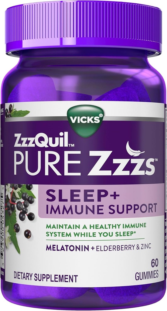 ZzzQuil Pure Zzzs Sommeil + Immune Soutien Mélatonine Aide au sommeil Gummies avec Elderberry, Zinc, Camomille, Lavande, et racine valériane, 1mg par Gummy, 60 ct