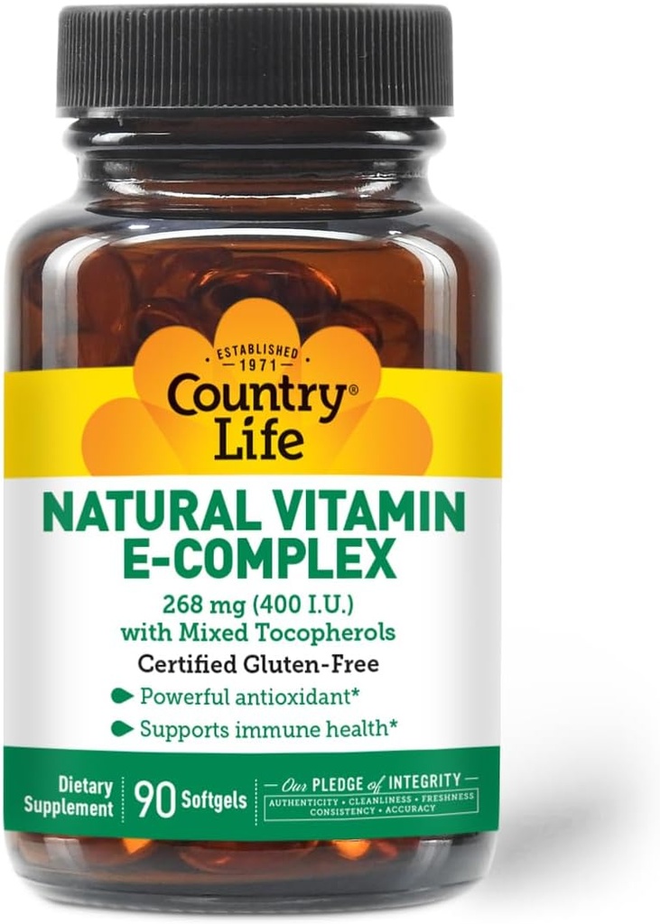 Country Life Vitamine E-Complex 400 UI – Tocophérols mélangés naturels – Antioxydants et immunosupport – favorise la santé de la peau et lutte contre le stress oxydatif – certifié sans gluten – 90 Softgels