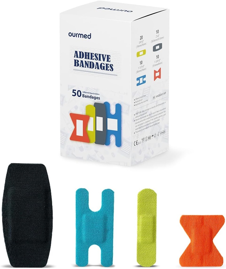 Flexible Fabric Bandages with Non-Stick Pad, Latex Free, Rainbow Colors Adhesive Bandage First Aid Wound Care for Cuts, Scrapes, Blisters, Assorted Sizes, 50 Count