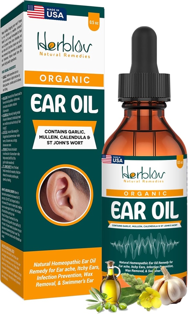 Huile d'oreille biologique pour les infections de l'oreille - Earrops naturels pour la prévention des infections, l'enlèvement de l'oreille et de la cire de Swimmer - Enfants, Adultes, Bébé, Dog Earache Remède - avec Mullein, Ail, Calendula, Fabriqué aux États-Unis