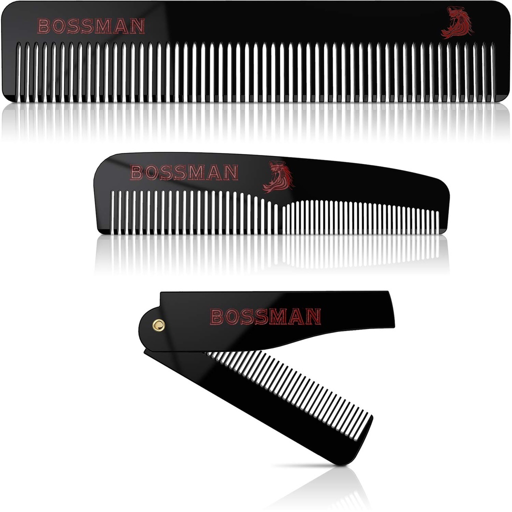 Bossman Acetate Beard, Mustache, & Hair Comb Set of 3 - Combs for Men with Minimalistic Magnetic Box (7.5-Inch, 5-Inch, 3.5-Inch) - Features Rounded Teeth, Double-Sided Teeth, and Foldable Design