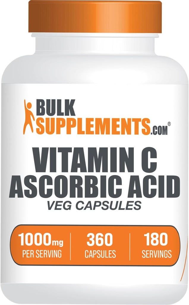 BulkSupplements.com Ascorbic Acid Capsules - Ascorbic Acid Vitamin C 1000mg, Vitamin C Supplement - Vegan & Gluten Free, 2 Capsules per Serving, 360 Count (Pack of 1)