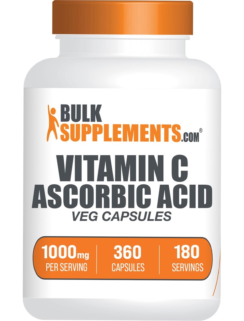 BulkSupplements.com Ascorbic Acid Capsules - Ascorbic Acid Vitamin C 1000mg, Vitamin C Supplement - Vegan & Gluten Free, 2 Capsules per Serving, 360 Count (Pack of 1)