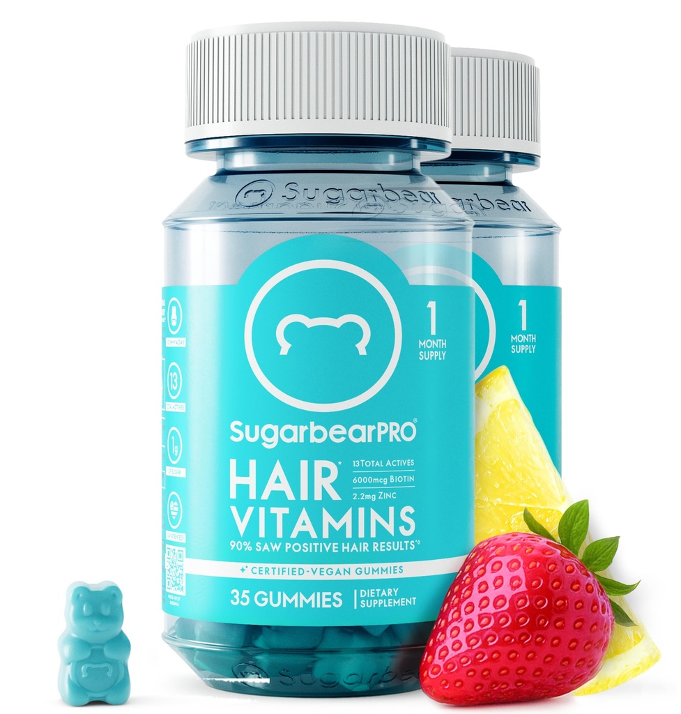 Sugarbear Vitamine Gummy 2 mois d'approvisionnement Biotine Extra Strength 6000mcg, Croissance pour les hommes et les femmes, Vitamine Vegan B12, MSM, Inositol, Omega 3, Elderberry, Certifié Kosher, Halal, Sans cruauté