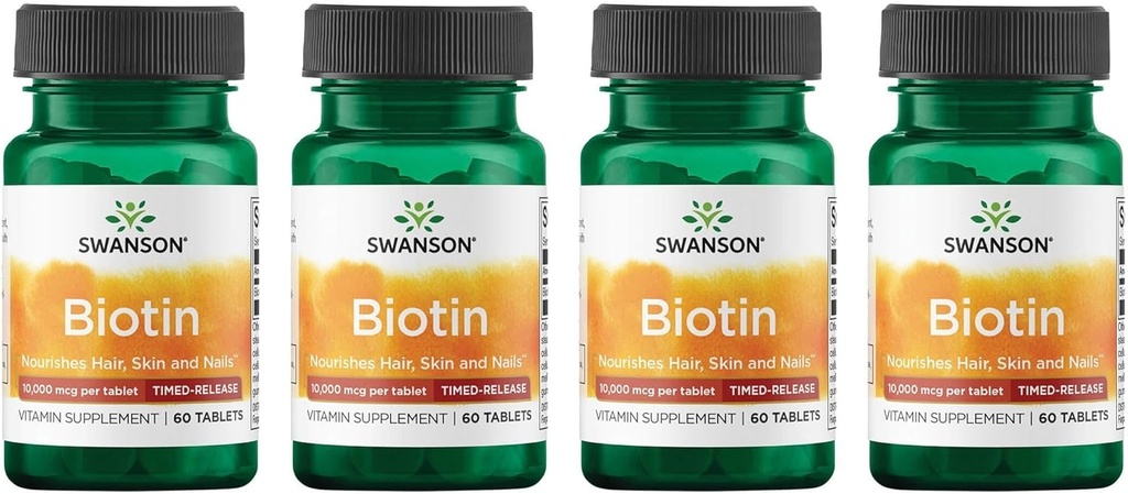 Swanson Biotin - Timed-Release 10,000 mcg 60 Tabs (4 Pack)