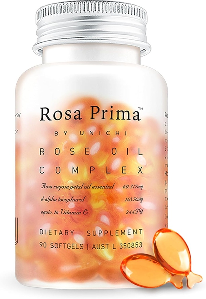 Unichi huile de rose supplément de vitamine E pour la santé de la peau et la régénération, la gestion du cycle menstruel, la respiration rafraîchie, 90 softgels