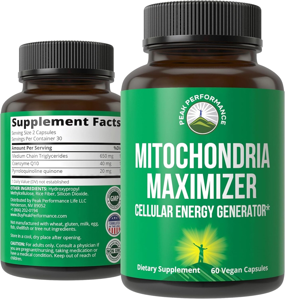 Mitochondria Maximizer avec CoQ10 et PQQ actif. Meilleur supplément de soutien mitochondrial avec l'huile MCT. Générateur cellulaire naturel pour l'énergie propre et ciblée 60 capsules végétariennes