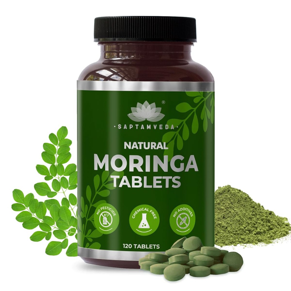 SAPTAMVEDA Comprimés de Moringa Naturels, Comprimés de Feuille de Drumstick (120 Comprimés) - 500mg Chacun Naturel Multi-Vitamine. Riche en Anti-Oxydant, Immunity Booster.