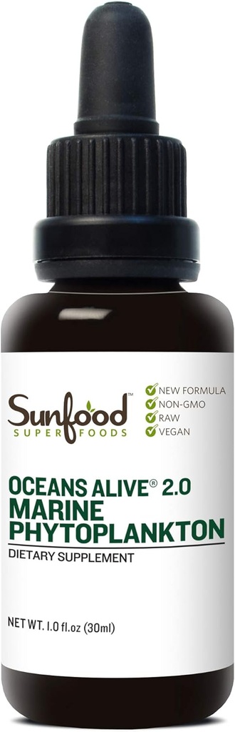Sunfood Marine Phytoplancton Supplément - Pure Ocean Mineral Drops pour hommes et femmes avec Magnésium et Superoxide Dismutase, SOD, Cell Food, Natural Energy & Focus - 1 Fl Oz Dropper (30 portions)