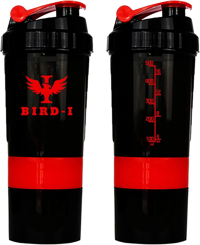 BIRD-I Gym Protein Shaker, 3-en-1, 500ml/16.9oz, sans BPA, mélangeur métallique. (RED), JT4101