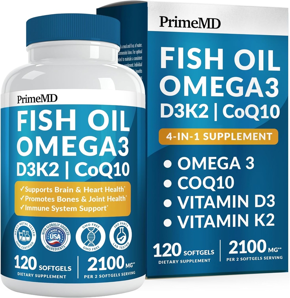 4-en-1 Huile de poisson Omega 3 Suppléments gras (2100mg) - Omega 3 Huile de poisson avec des vitamines D3 K2 et CoQ10 - Saveur citron (120 softgels)