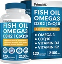 4-en-1 Huile de poisson Omega 3 Suppléments gras (2100mg) - Omega 3 Huile de poisson avec des vitamines D3 K2 et CoQ10 - Saveur citron (120 softgels)