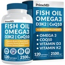 4-en-1 Huile de poisson Omega 3 Suppléments gras (2100mg) - Omega 3 Huile de poisson avec des vitamines D3 K2 et CoQ10 - Saveur citron (120 softgels)