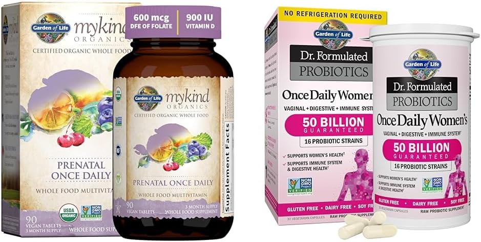 Jardin de la vie Organiques Vitamine prénatale: Folate pour l'énergie et le développement foetal sain et, Dr. Formulé les probiotiques des femmes une fois par jour, 16 souches, 50 milliards, 30 capsules